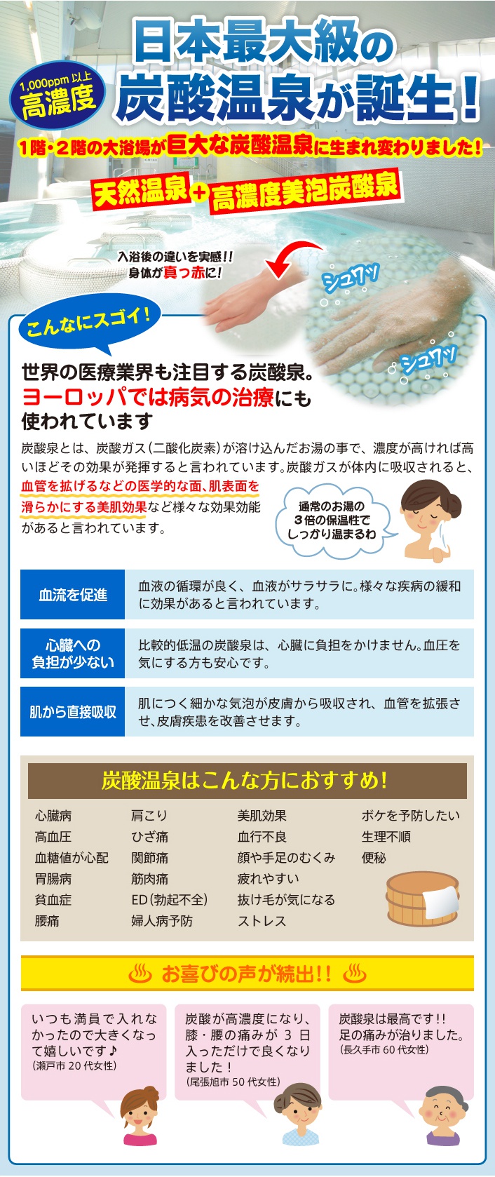 炭酸泉とは、炭酸ガス（二酸化炭素）が溶け込んだお湯の事で、濃度が高ければ高いほどその効果が発揮すると言われています。炭酸ガスが体内に吸収されると、血管を拡げるなどの医学的な面、肌表面を 滑らかにする美肌効果など様々な効果効能 があると言われています。心臓病 高血圧 血糖値が心配 胃腸病 貧血症 腰痛 肩こり ひざ痛 関節痛 筋肉痛 ED（勃起不全） 婦人病予防 美肌効果 血行不良 顔や手足のむくみ 疲れやすい 抜け毛が気になる ストレス ボケを予防したい 生理不順 便秘などでお悩みの方に